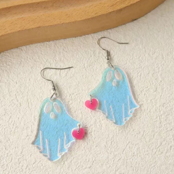 Jewelry - HALLOWEEN Luminous Acrylic Ghost Dangle Earrings w/ Pink Heart